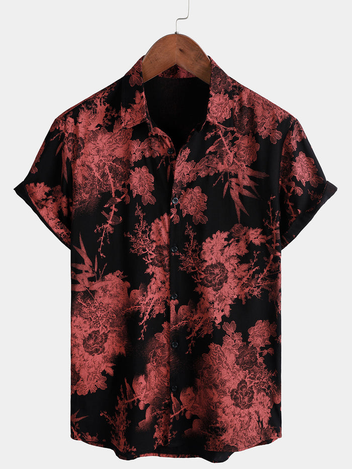 Red and Black Retro Floral Button-Up Beach Shirt