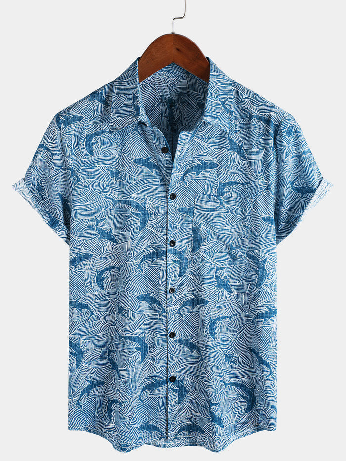Hawaiian Short-Sleeve Shirt, Ocean Shark Motif, Summer