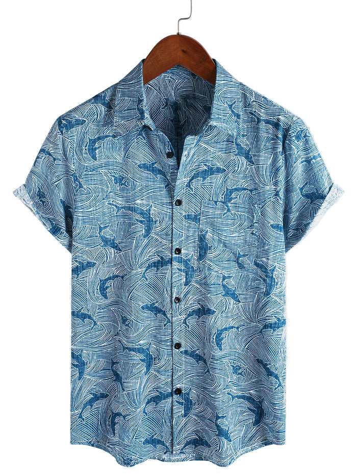Men's Ocean Shark Hawaiian-Style Cotton Short-Sleeve Shirt