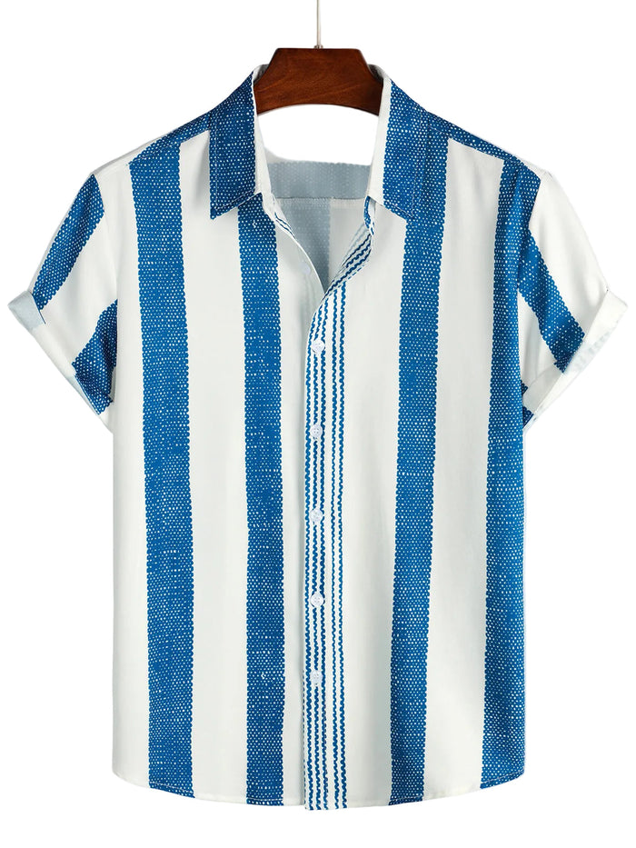 Men's Casual Vintage Cotton Shirt with Short Sleeve in Blue Vertical Stripes