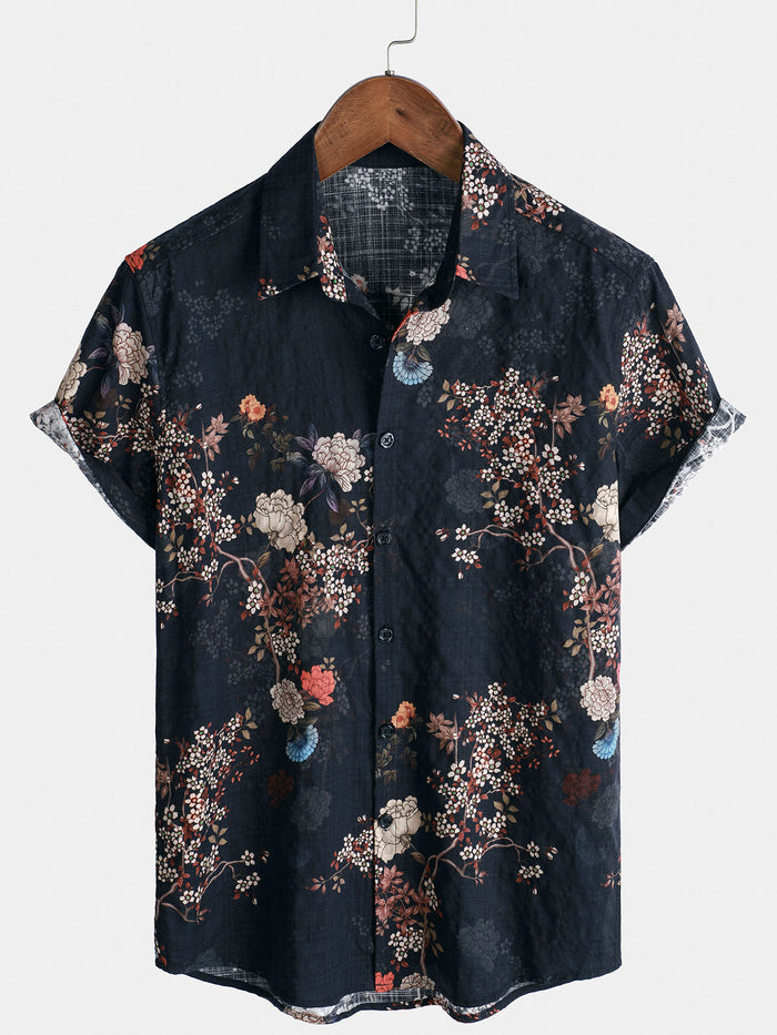Button-Up Short Sleeve Shirt with Retro Floral Pattern, Ideal for Vacation