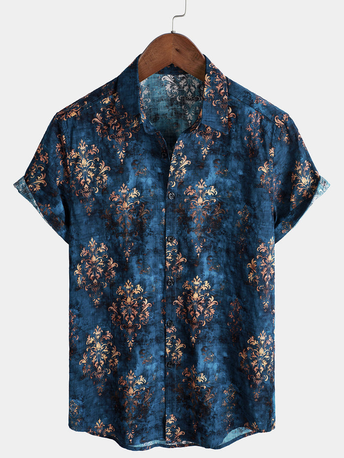 Button-Up Short Sleeve Shirt, Retro Style, Blue, Summer