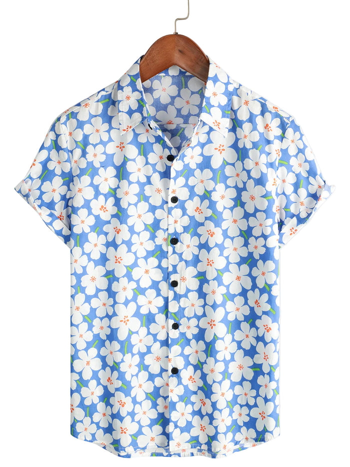 Summer Men's Cotton Floral Casual Shirt, Pencil Fit, Short Sleeve, Light Blue Color