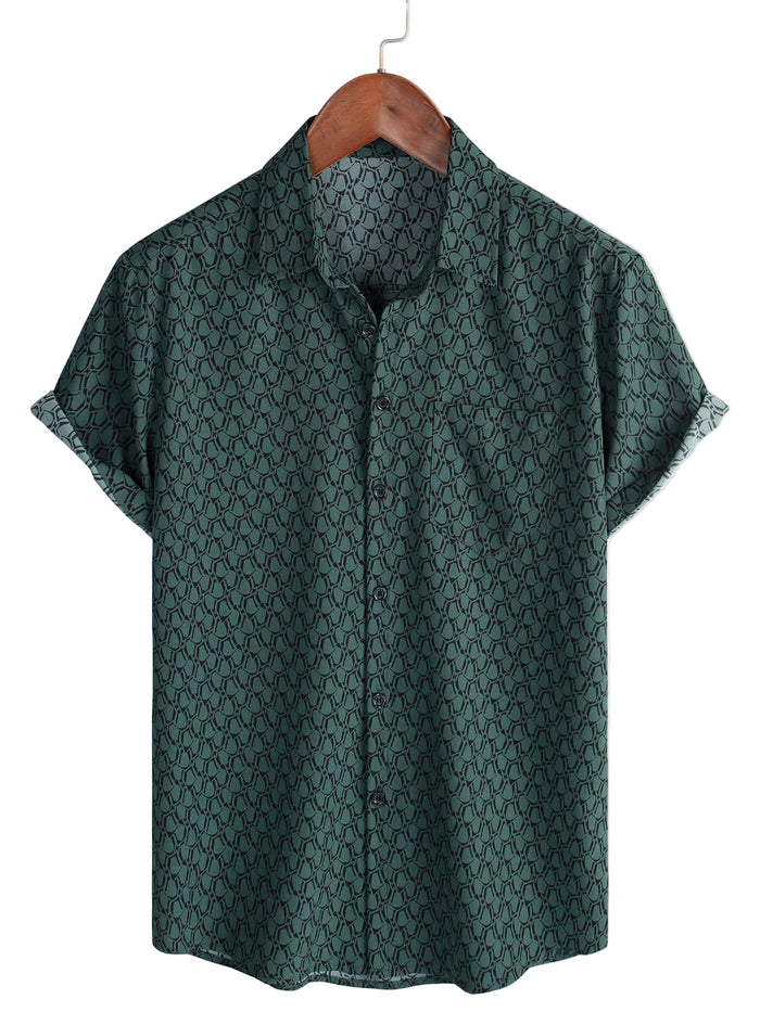 Men's Cotton Shirt for Vacation Short Sleeve Green with Buttons