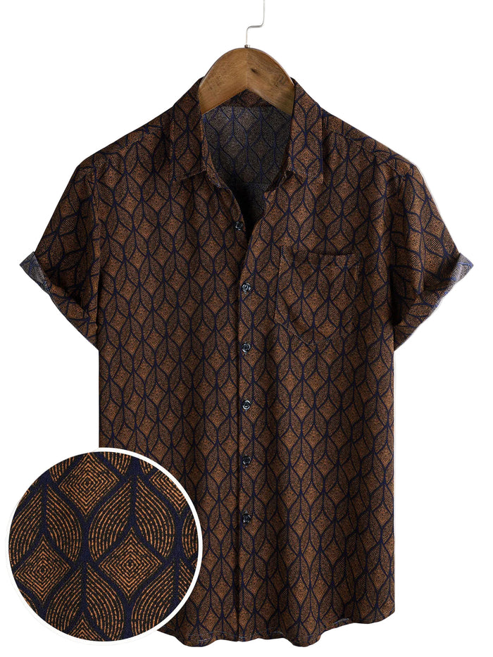 Men's Cotton Short-Sleeve Shirt with Pocket in Retro Geometric Pattern, Brown