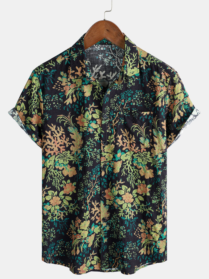 Hawaiian Short-Sleeve Botanical Print Pocket Shirt