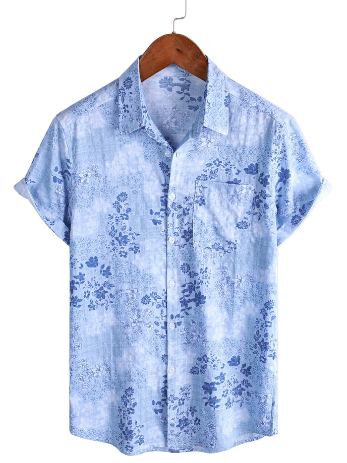 Retro Cotton Shirt with Short Sleeves in Flowers Blue for Men