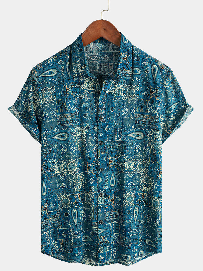 Blue Retro Button-Up Short Sleeve Shirt