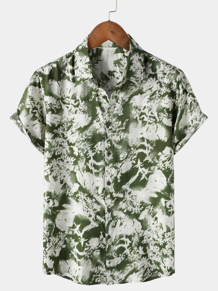 Button-Up Short Sleeve Abstract Botanical Pattern Shirt