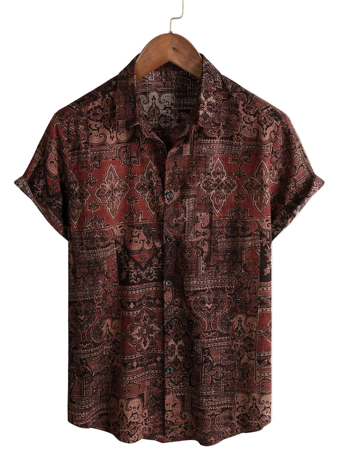 Men's Retro Style Cotton Shirt with Floral Paisley Pattern, with Buttons, Vintage, for Vacation, Western, Brown, Short Sleeve