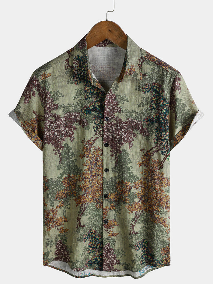 Green Vintage Relaxed Forest Print Short Sleeve Shirt