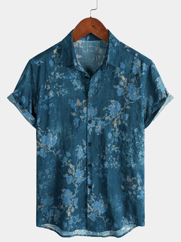 Blue Watercolor Floral Print Casual Short Sleeve Shirt