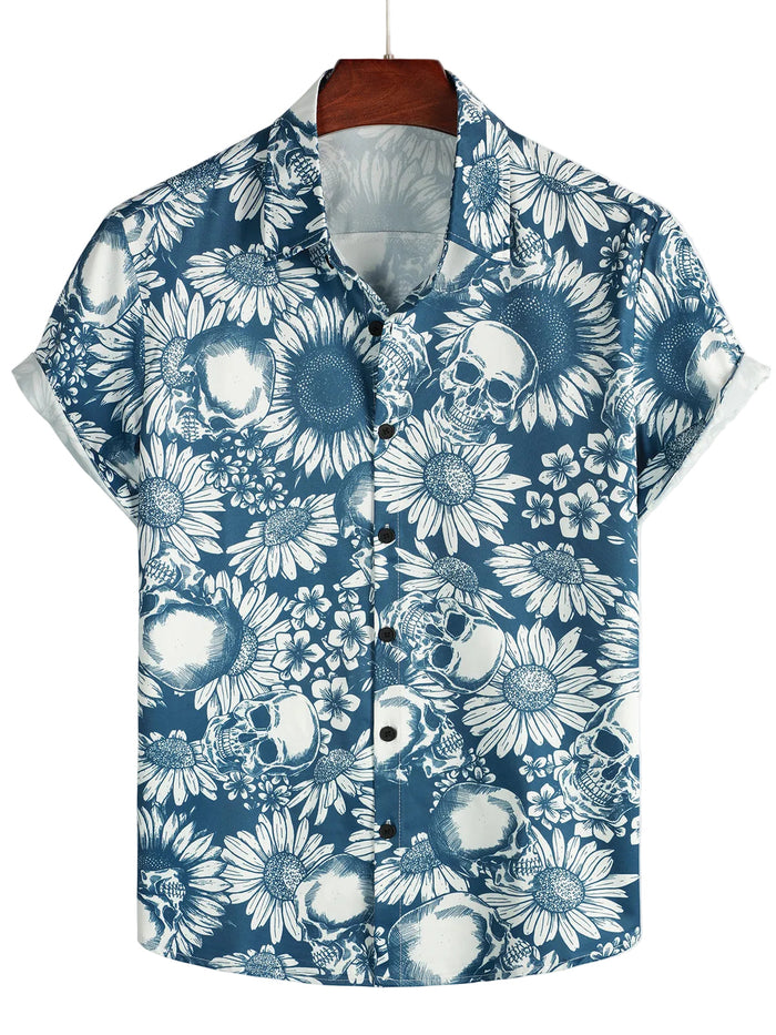 Cotton Hawaiian Shirt with Sunflower Skull Buttons for Men, Short Sleeves, Blue, Rock and Roll