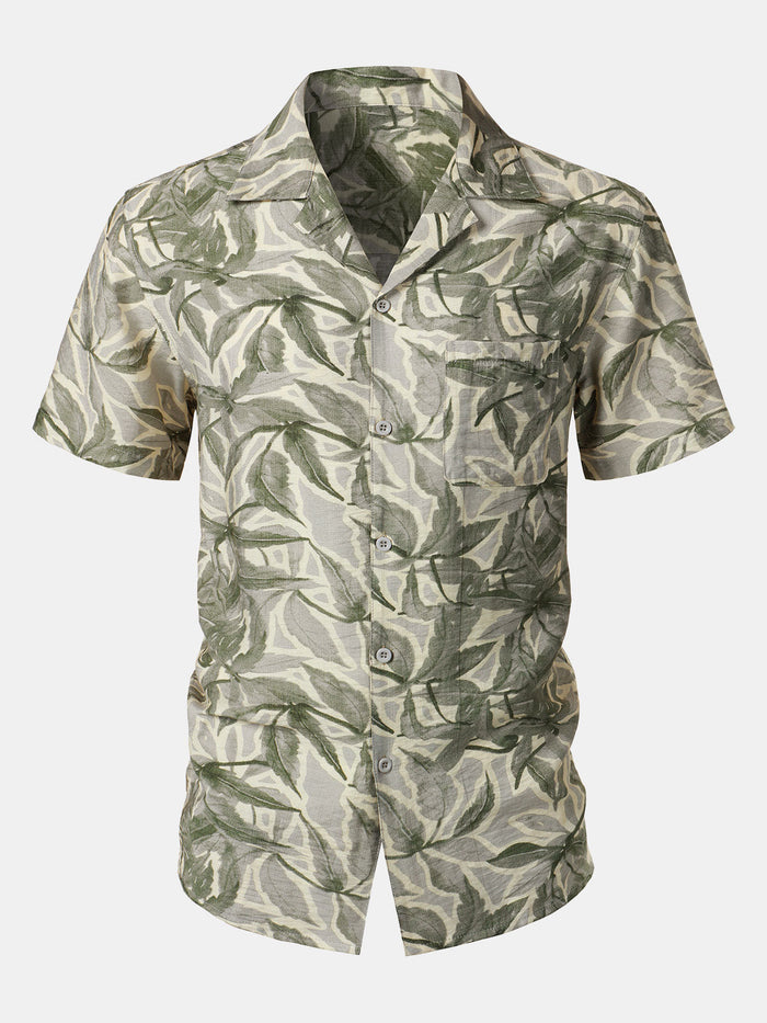 Green Resort Short Sleeve Shirt with Tropical Print Pocket