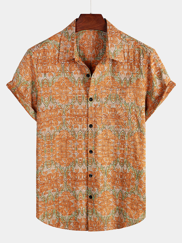 Short-Sleeve Retro, Casual, Button-Up, Pocket, Beach, Vintage, Orange Shirt