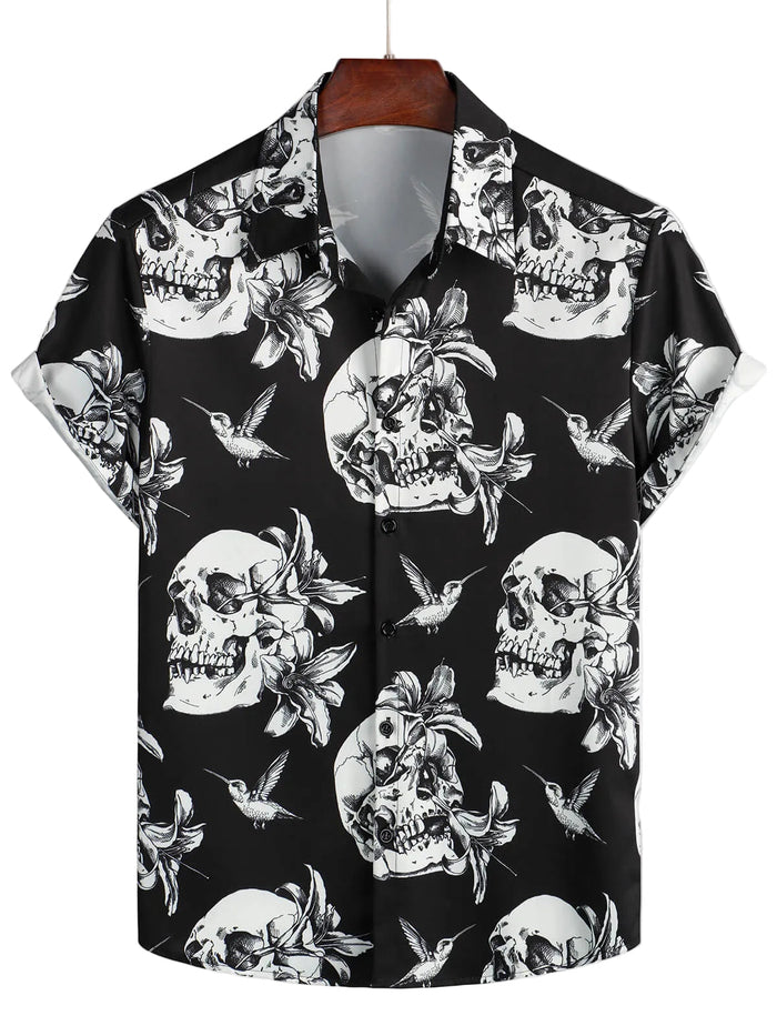 Black Hawaiian Short-Sleeve Shirt for Men with Skull, Hummingbird and Punk Rock Style