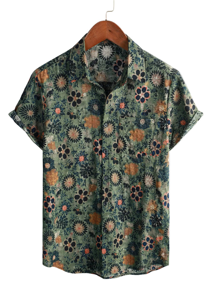 Men's Shirt Short Sleeve Vintage Style Cotton with Floral Pattern