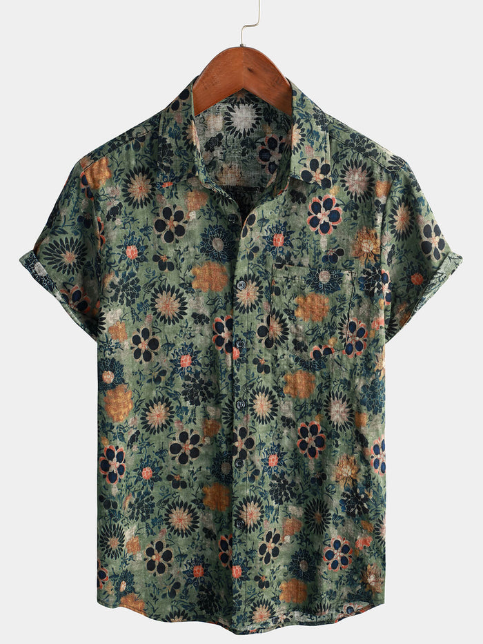 Green Hawaiian Short Sleeve Shirt with Vintage Floral Print