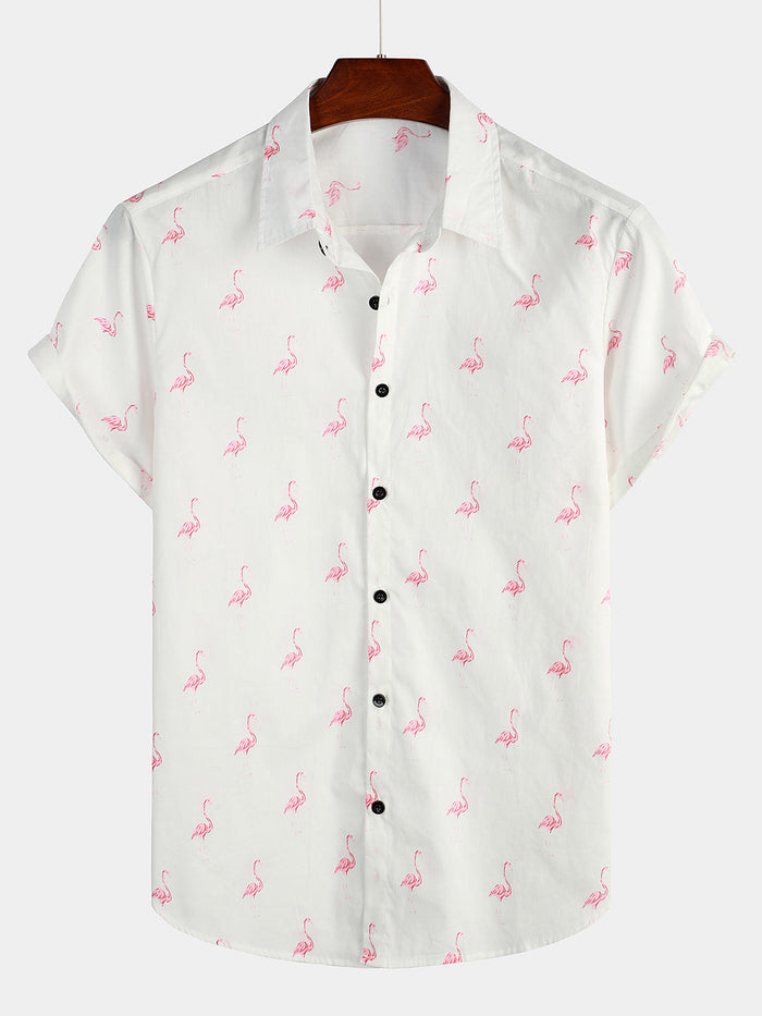 Button-Up Short Sleeve Shirt with Pink Flamingo Print