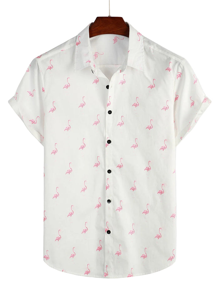 Men's Cotton Short-Sleeve Shirt with Pink Flamingo Pattern
