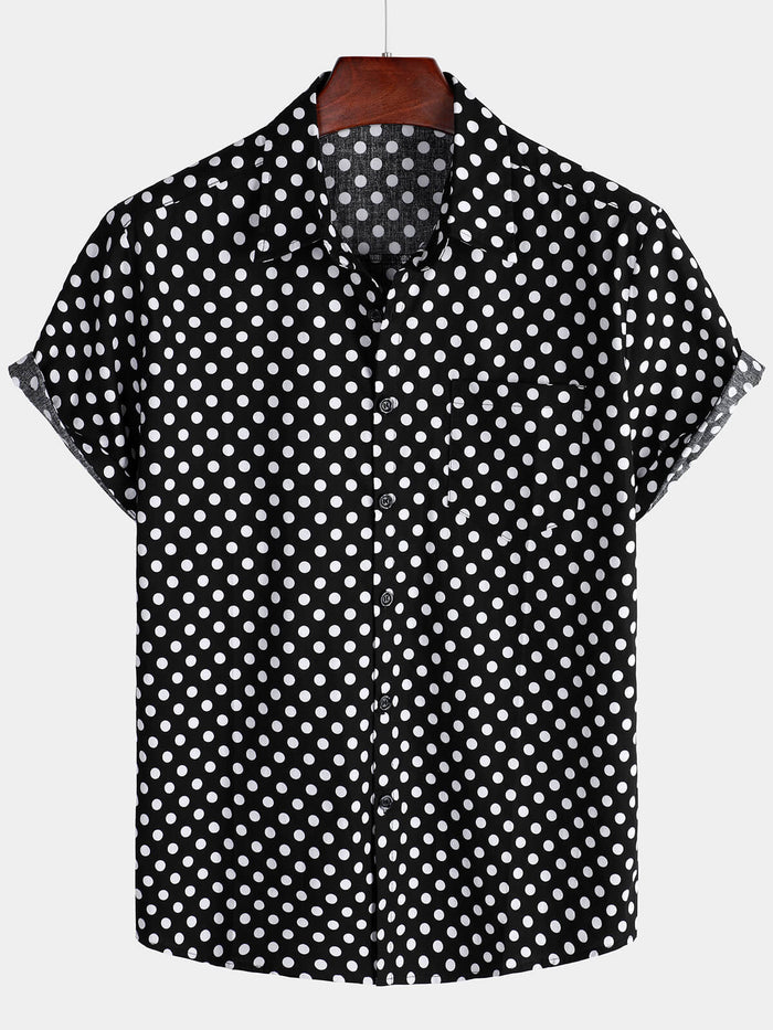 Summer Casual Polka Dot Short-Sleeve Shirt with Black Pocket