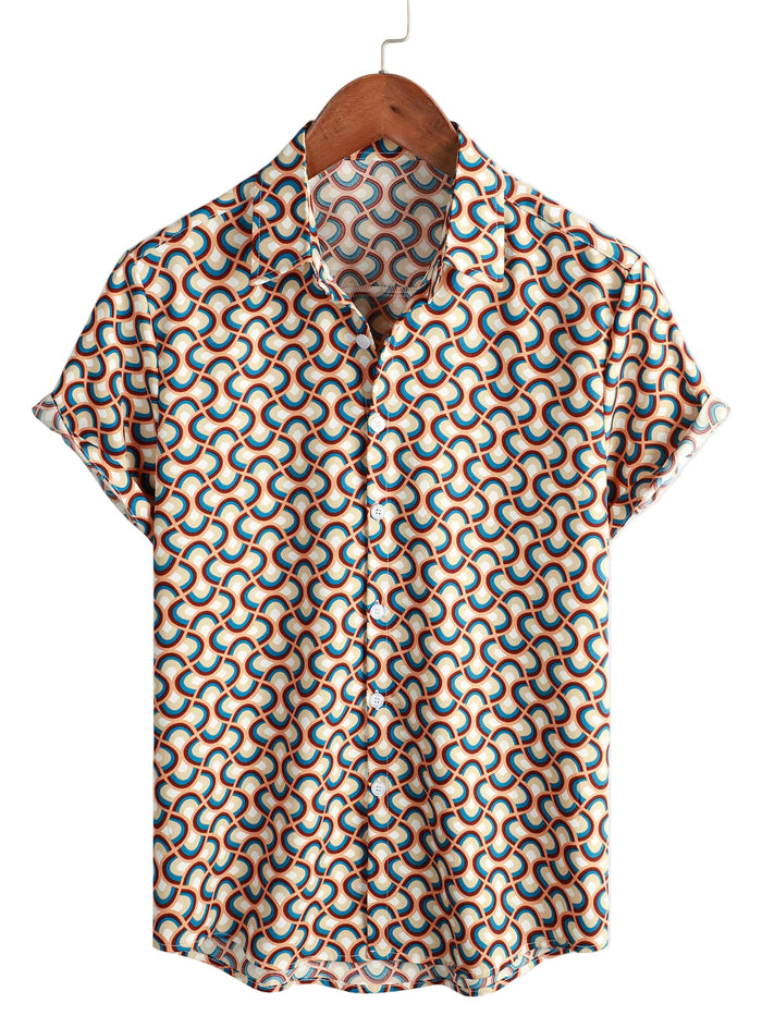 Summer Cotton Short Sleeve Shirt for Men, Retro, Buttons, Vintage, Geometric, Circles, Cool