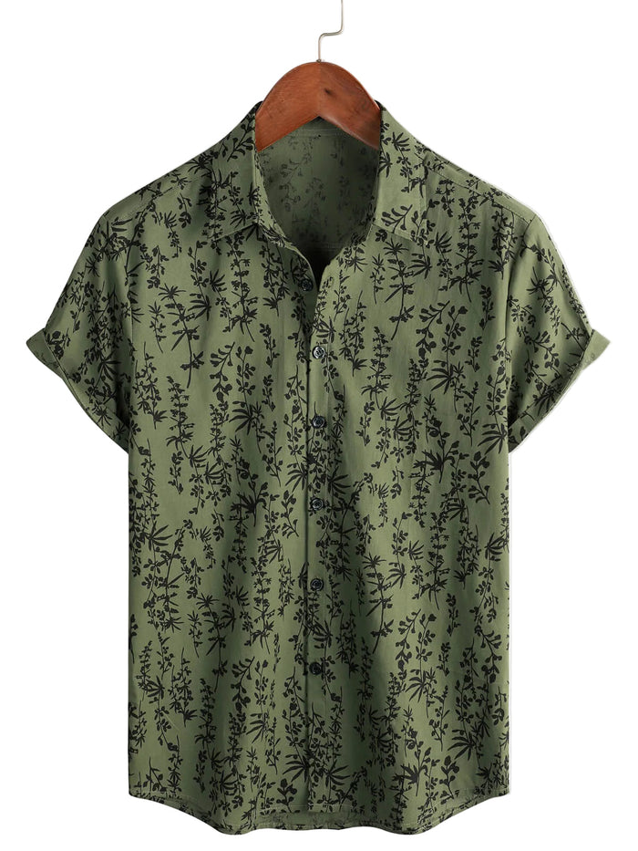 Men's Vintage-Style Cotton Short-Sleeve Shirt with Buttons and Floral Pattern