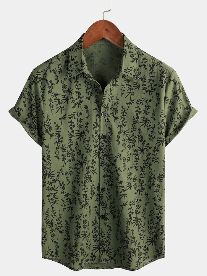 Retro Green Hawaiian Short Sleeve Shirt with Floral Print, Button-Up, Perfect for Summer Vacation