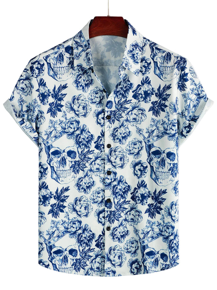 Short Sleeve Cotton Shirt with Punk Rock Skull and Flower Pattern for Men