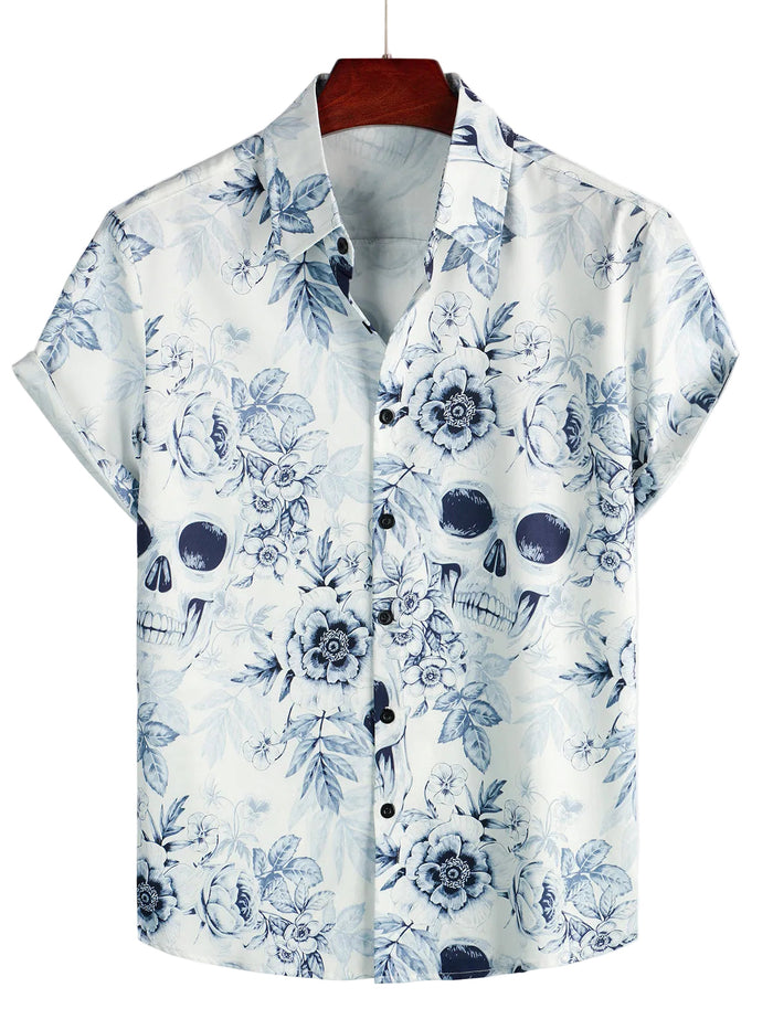Cotton Casual Shirt with Short Sleeves, Button and Skull Pattern for Men