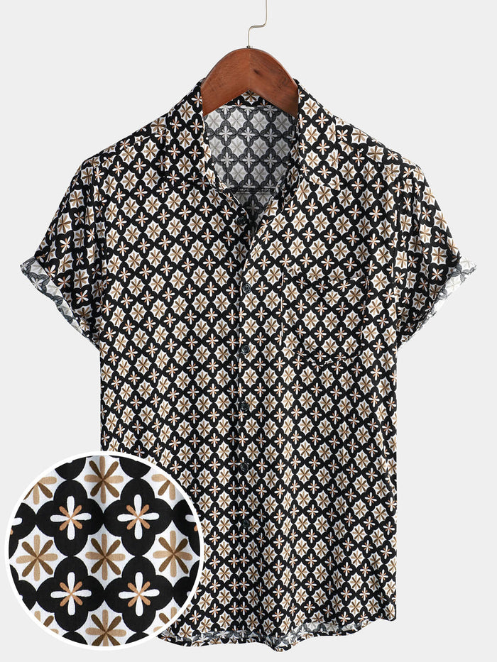 Black Short-Sleeve Summer Shirt, Vintage Geometric Floral Pattern