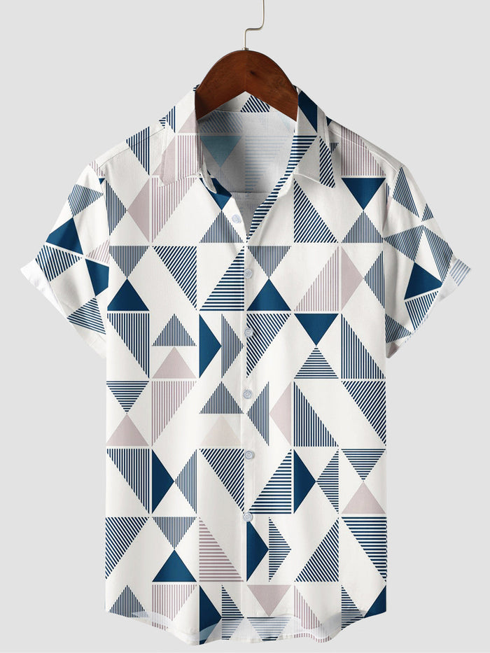 Button-Up Summer Beach Short Sleeve Shirt with Blue and White Geometric Triangle Print