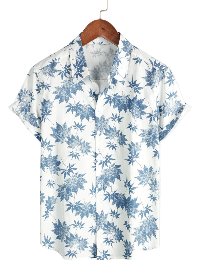Short Sleeve Breathable Cotton Shirt with Maple Leaf Pattern for Men