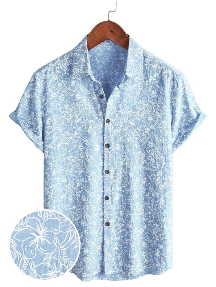 Men's Hawaiian-Style Cotton Short-Sleeve Shirt with Button, Light Blue
