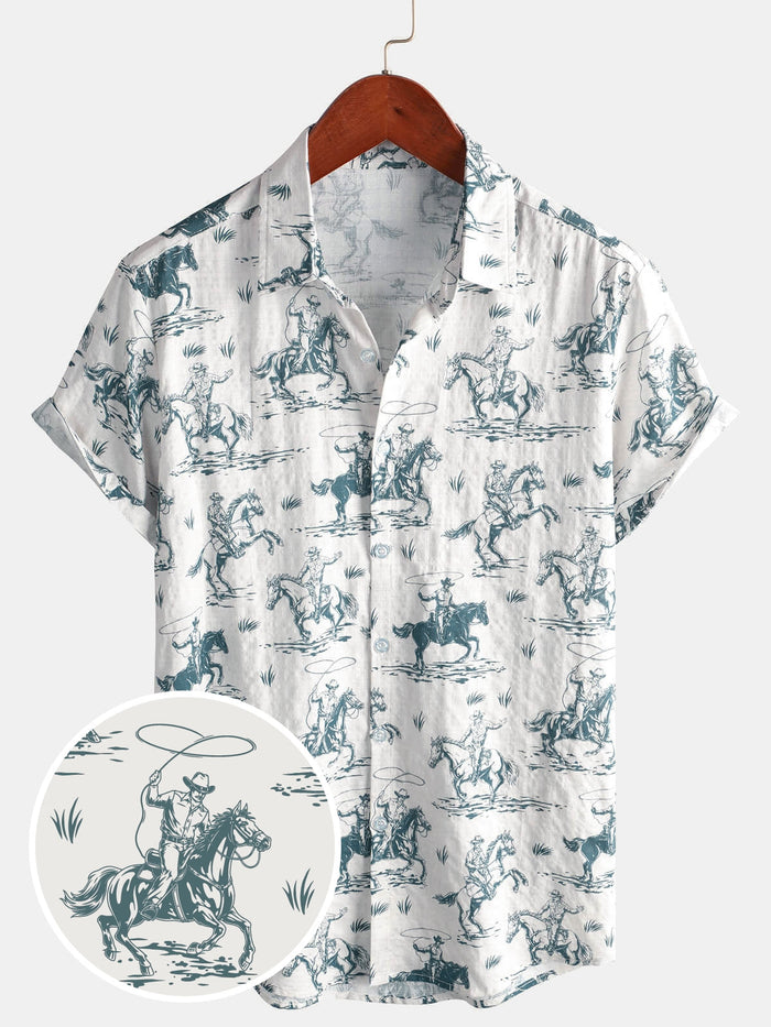 Short-Sleeve Horse Print, Cowboy, Button-Up, Vacation Shirt