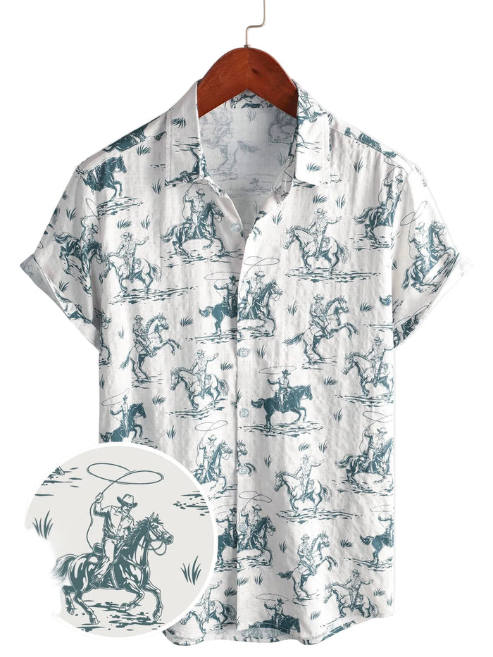Men's Cotton Shirt with Horse Pattern, With Buttons, Short Sleeves for Vacation