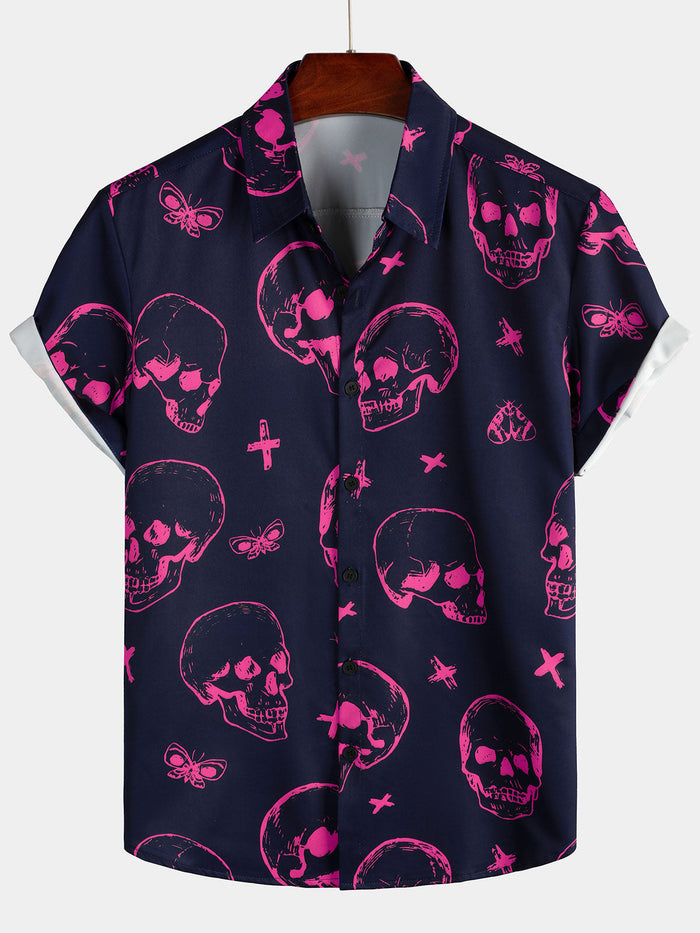 Aloha Hawaiian Short Sleeve Shirt, Pink Skull Print, Artistic Graphic Button