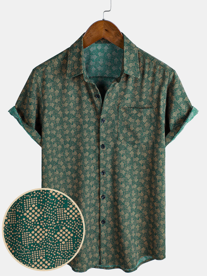Short-Sleeve Shirt with Green Pocket and Retro Geometric Print