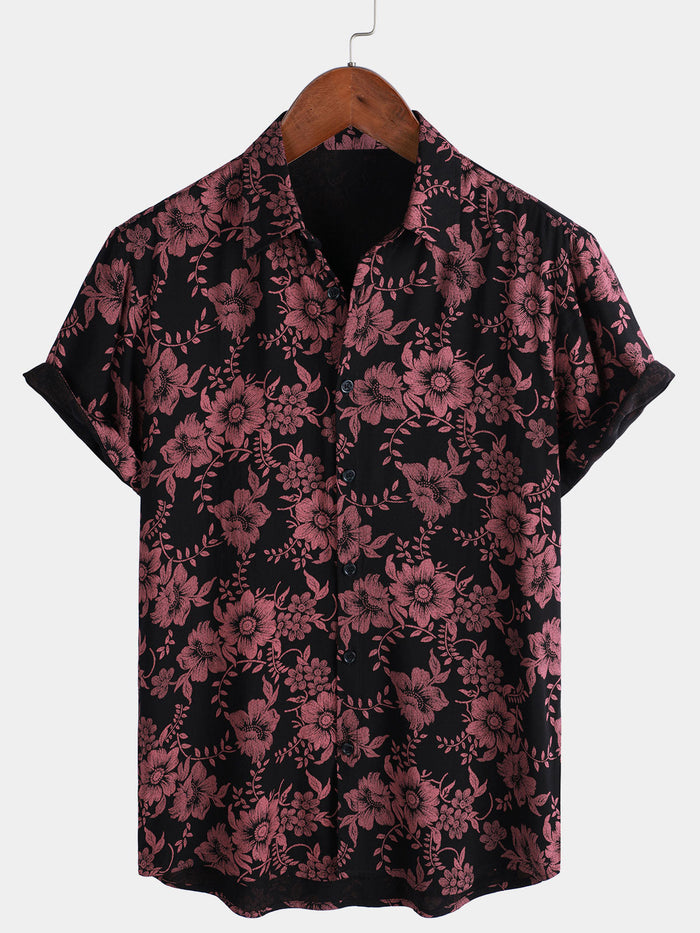 Hawaiian Short-Sleeve Button Shirt, Vintage Style, Floral Print, Breathable, Perfect for Vacation