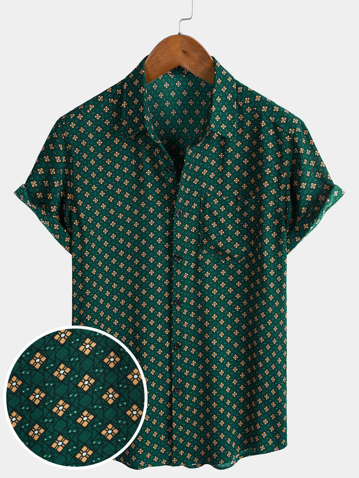 Bohemian Casual Green Diamond Pattern Short Sleeve Shirt
