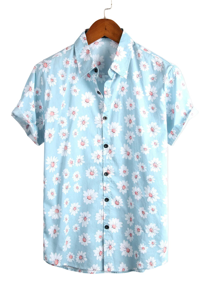 Men's Summer Shirt with Short Sleeves in Hawaiian Style in Blue with Daisy Flowers