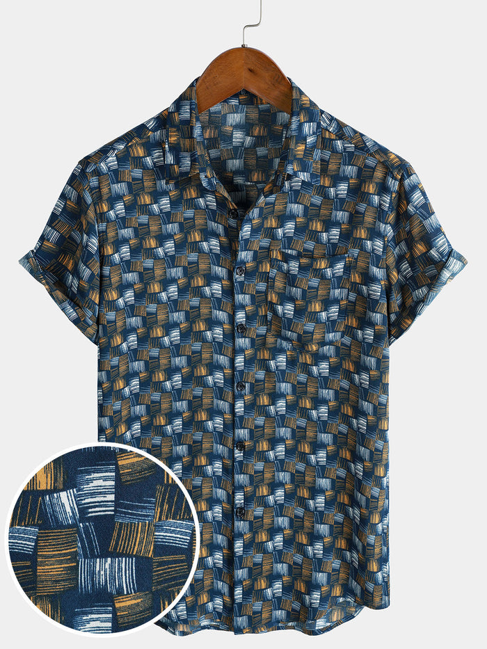 Casual Retro-Style Short-Sleeve Summer Shirt, Blue