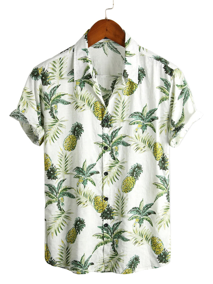 Summer Cotton Shirt for Men with Tropical Pineapple Pattern