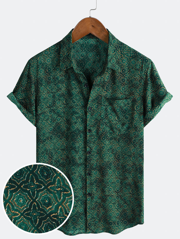 Vintage Relaxed Green Geometric Print Short Sleeve Shirt