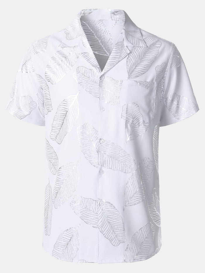 Short-Sleeve Cuban Collar Shirt with Tropical Leaf Pattern