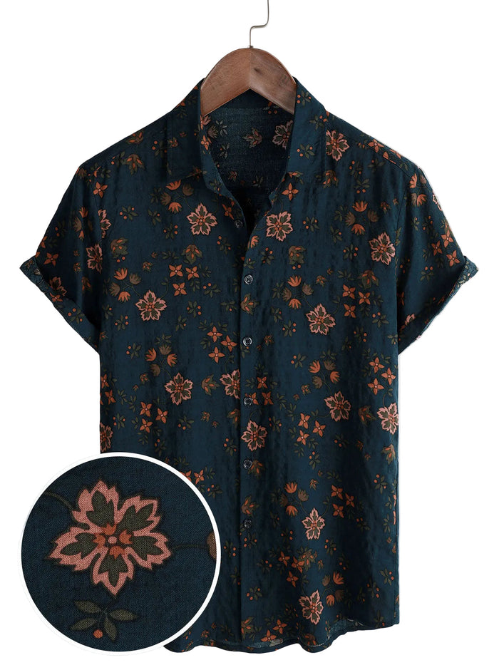 Men's Summer Cotton Short-Sleeve Shirt with Buttons, Floral, Navy