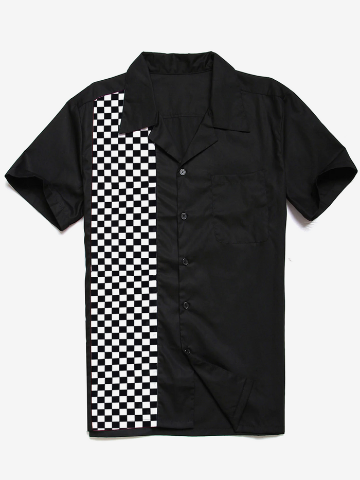 Short Sleeve Shirt with Black and White Checkered Flag, 50s Camp Pocket Bowling