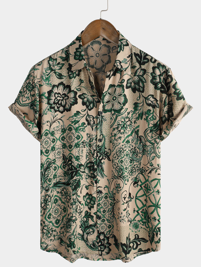 Hawaiian Short-Sleeve Floral Print Shirt, Vintage Style, Breathable Vacation Style