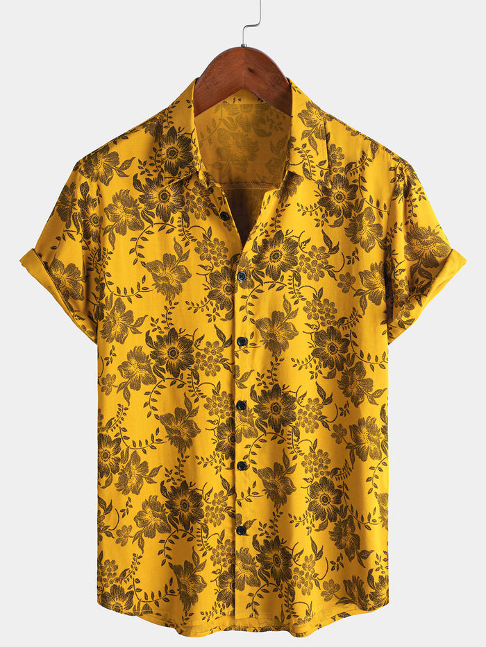 Hawaiian Short-Sleeve Yellow Vintage Floral Print Shirt