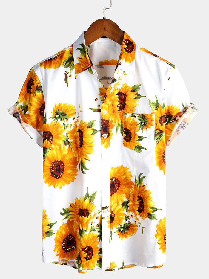 Short-Sleeve Vintage Art Button Pocket Sunflower Shirt